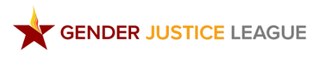 Burgundy star logo with a flame as the top point. Text reads "Gender Justice League" in all caps and burgundy, golden, and dark gray font colors