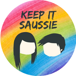 Keep It Saussie Logo with rainbow background and 2 outlines of Sam on the left and Aussie on the right